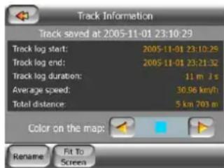 Track Information Track saved at 2005-11-01 23:10:29 Track log start: 2005-11-01 23:10:29 Track log end: 2005-11-01 23:21:32 Track log duration: 11 m 3 s Average speed: 30.96 km/h Total distance: 5 km 703 m Color on the map: Rename Fit To Screen