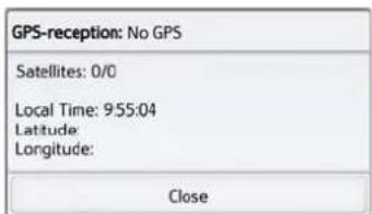 GPS-reception: No GPS Satellites: 0/0 Local Time: 9:55:04 Latitude: Longitude: Close