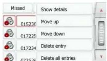 Missed 015236 Move up 017225 Move down 017234 Delete entry 072536 Delete all entries