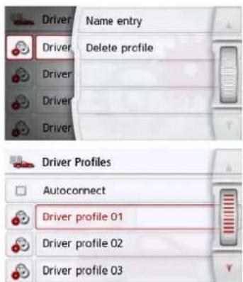 Driver Name entry Driver Delete profile Driver Driver Driver Driver Profiles Autocnect Driver profile 01 Driver profile 02 Driver profile 03