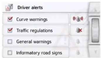 Driver alerts ✓ Curve warnings ✓ Traffic regulations □ General warnings □ Informatory road signs