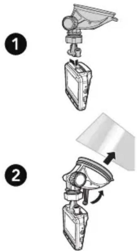 Diagram showing two steps of a device assembly or installation, labeled 1 and 2, with arrows indicating motion direction.