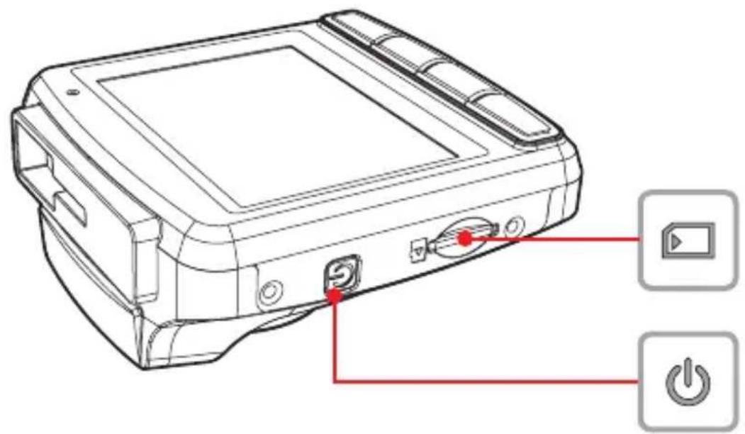 Diagram of a device rear panel with labeled buttons and control icons, including play button and power button.