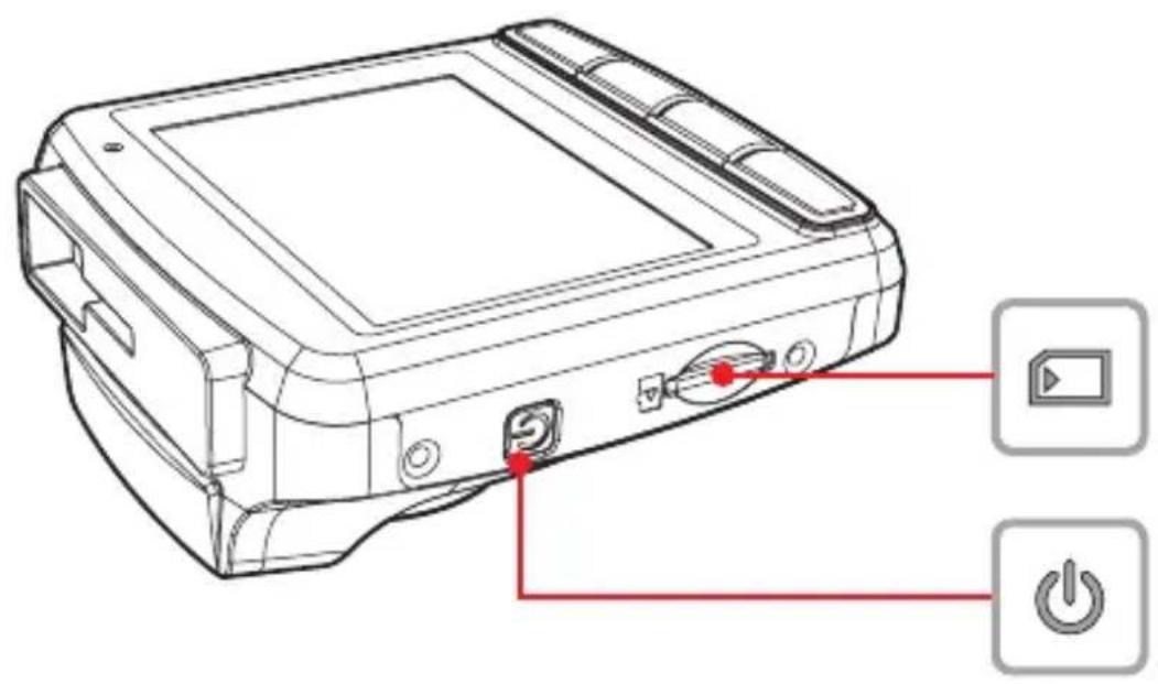 Diagram of a device rear panel with labeled buttons and power indicators