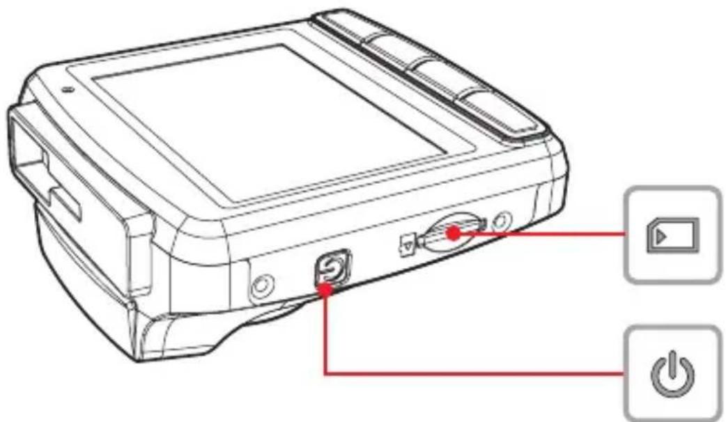 Diagram of a device rear panel with labeled buttons and power indicators