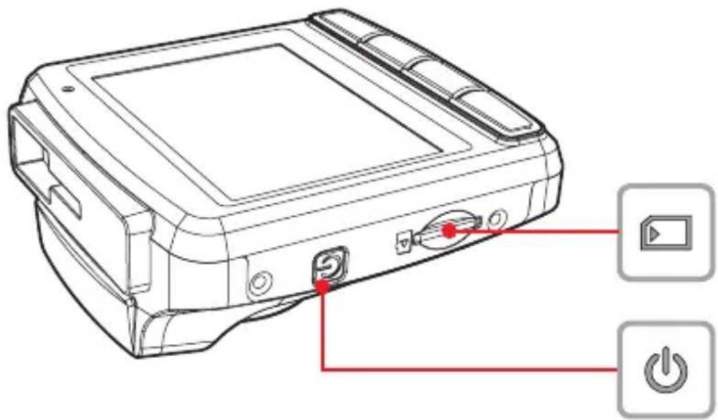 Diagram of a device rear panel with labeled buttons and control icons, including play button and power button.