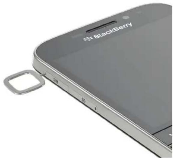 Close-up of a blackberry smartphone showing its logo, SIM, and 50 key (no text beyond branding)