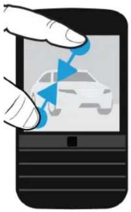 Illustration of a hand interacting with a smartphone displaying a car interface (no text or symbols visible)