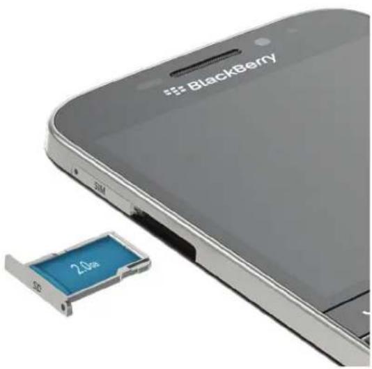 Close-up of a smartphone showing a 2.0bit memory card and a BlackBerry logo on the side (no text or symbols on the main subject)
