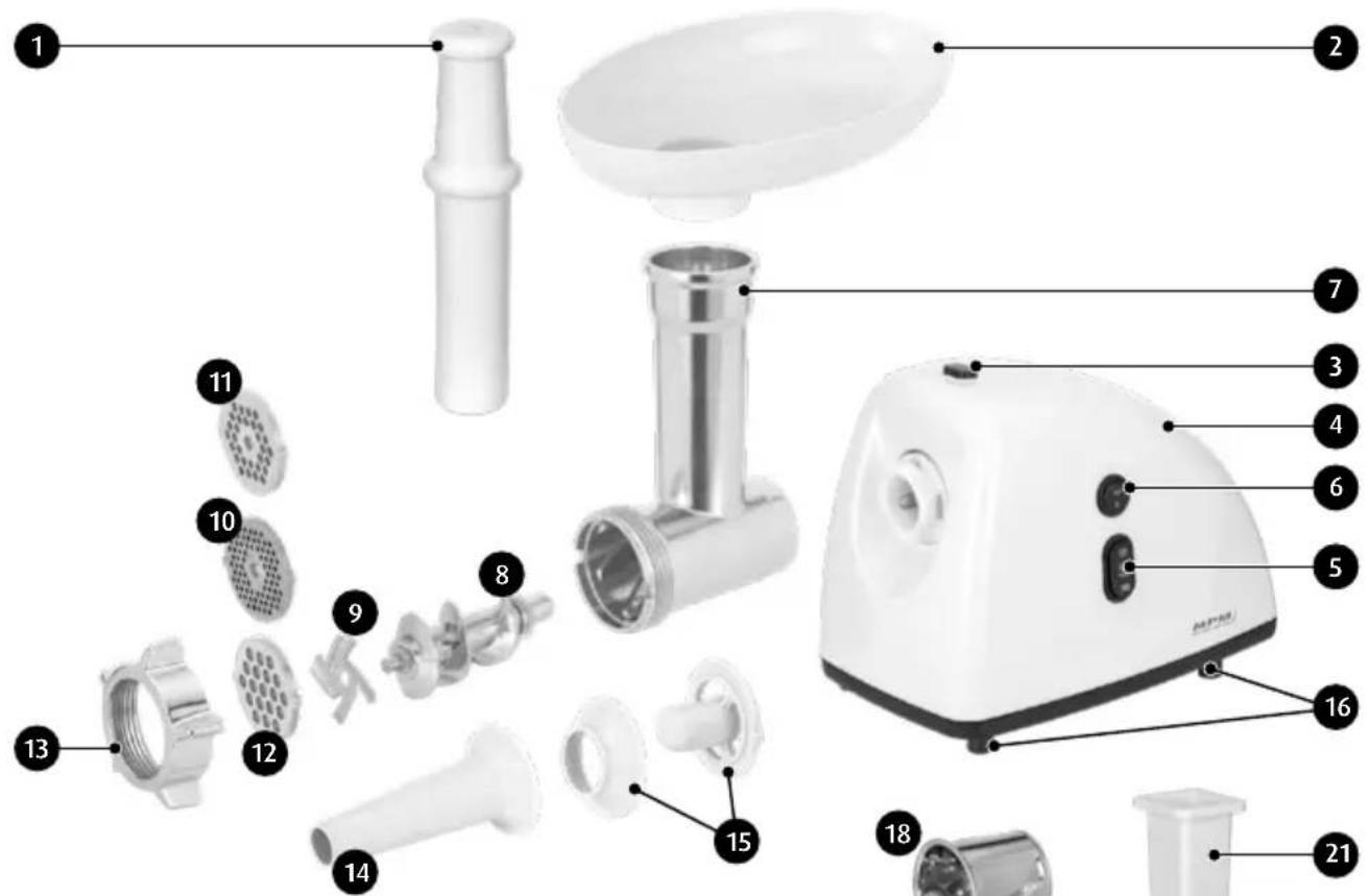Exploded view diagram of a food cleaning machine with numbered parts for identification