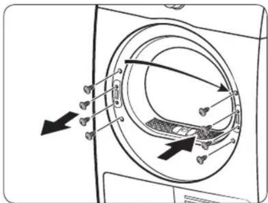 Diagram of a washing machine with labeled components and directional arrows indicating motion or flow