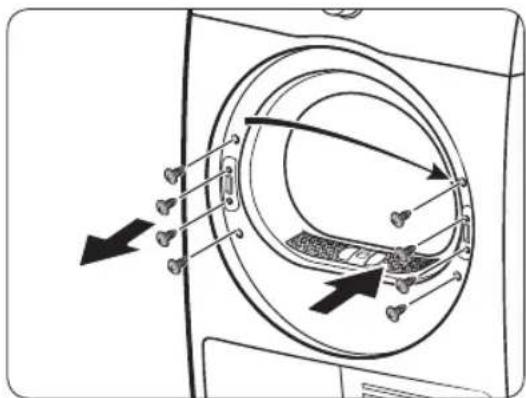 Diagram of a washing machine with labeled components and directional arrows indicating motion or flow