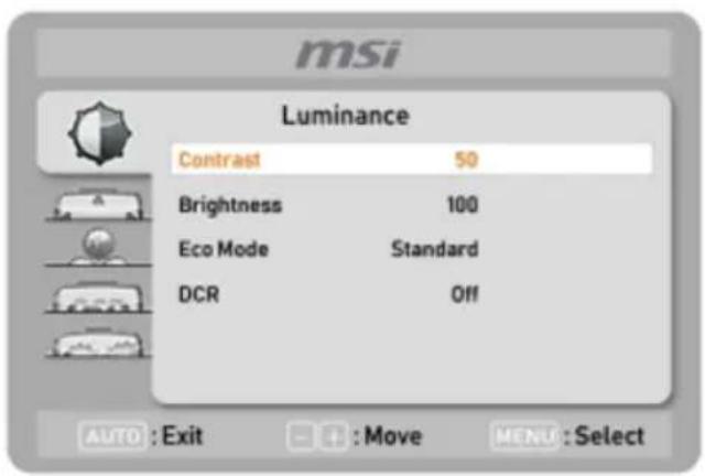 msi Luminance Contrast 50 Brightness 100 Eco Mode Standard DCR Off AUTO : Exit - + : Move MENU : Select