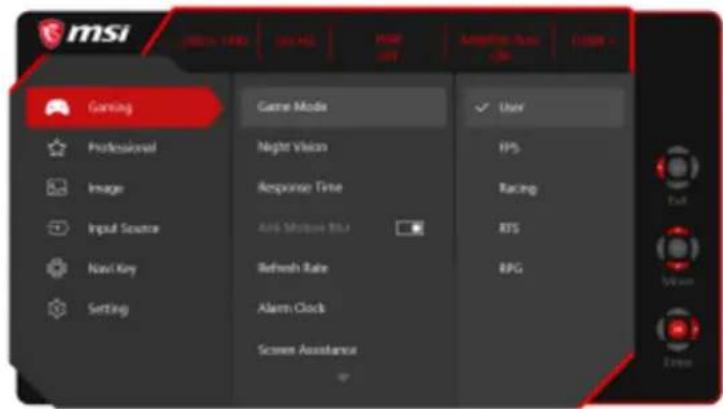 msi Gaming Professional Image Input Source New Key Setting Game Mode Night Vision Response Time API Release Time Refresh Rate Alarm Clock Screen Assistance User EPS Racing RTS BPG Exit Winex Extra