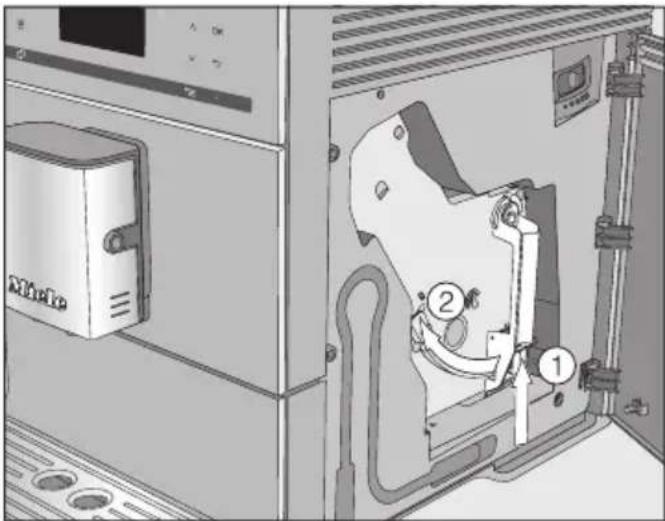Technical diagram of a device with labeled components, showing a device inside and a close-up view with numbered annotations.