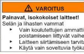 VAROITUS Painavat, isokokoiset laitteet! Selän ja lihasten vammais ► Vain koulutettujen ammattiipoistamiseen liittyvät vaihe ► Laitteen siirtämiseen tarvita ► Käytä vain soveltuvia työka