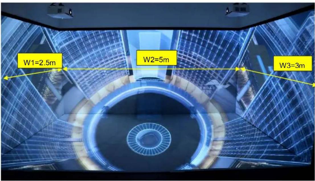 GeoBox M801 - Usually, 5000 Lum projector can cover 3-4 meters image width. Four projectors are required to cover entire screen. - 1