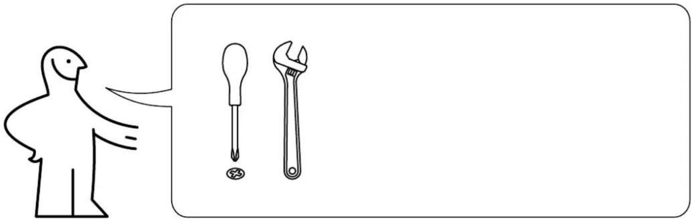 Diagram showing a person pointing to an adjustable wrench and a screwdriver, with a magnified view of the wrench being inserted.