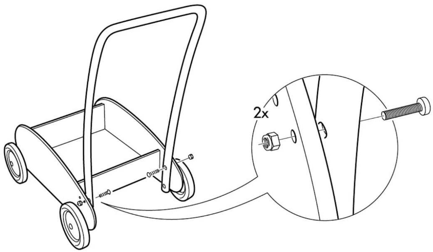 Technical diagram of a manual push cart with labeled parts and a magnified inset showing 2x ratio between two parts.