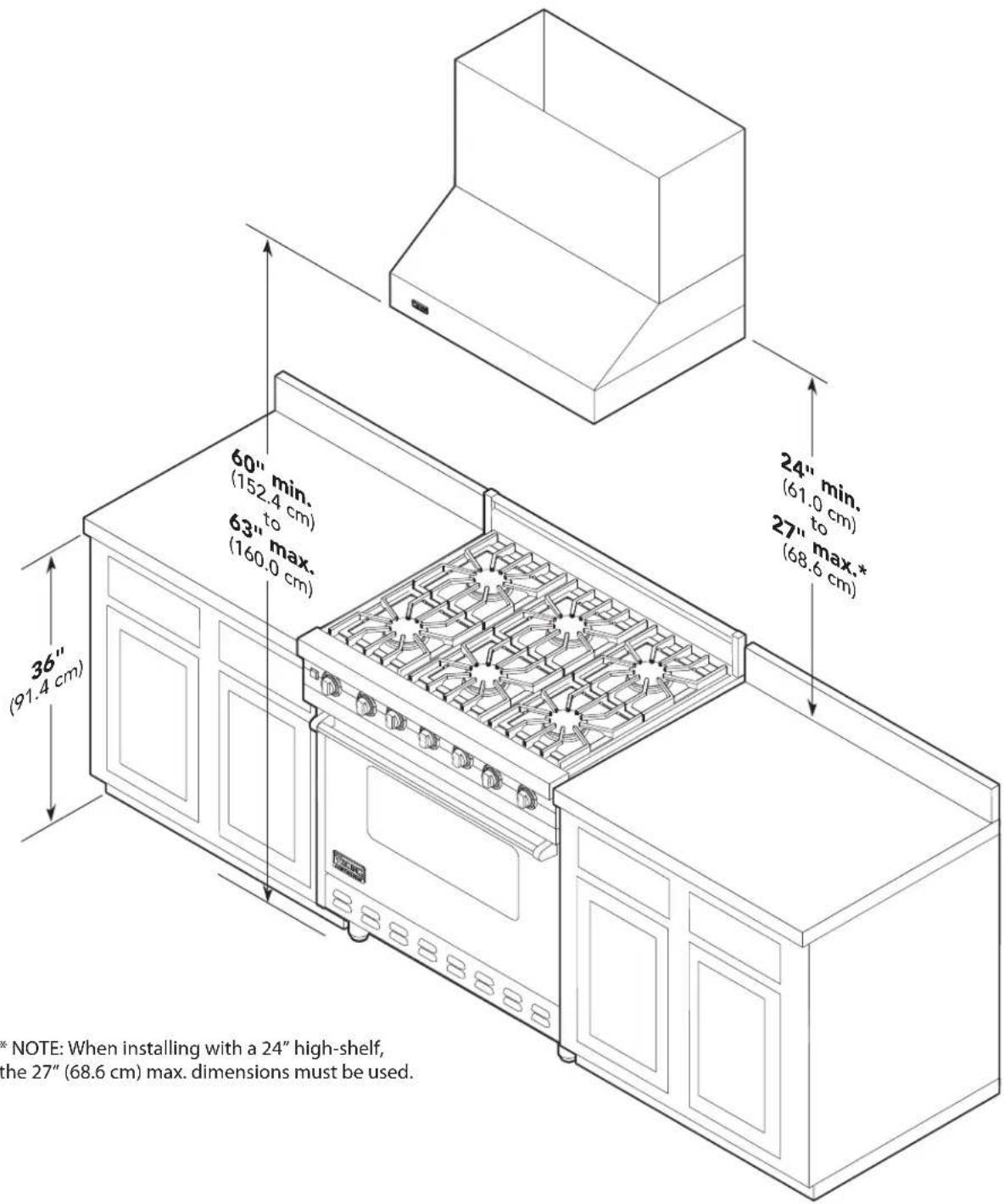 60" min. (152.4 cm) 63" to (160.0 cm) 36" (91.4 cm) 24" min. (61.0 cm) 27" max,* (68.6 cm) * NOTE: When installing with a 24" high-shelf, the 27" (68.6 cm) max. dimensions must be used.