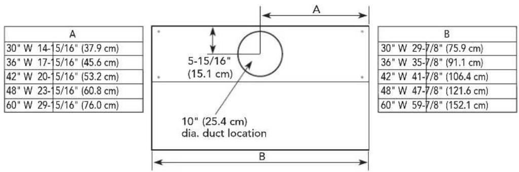 A 30" W 14- 5/16" (37.9 cm) 36" W 17- 5/16" (45.6 cm) 42" W 20- 5/16" (53.2 cm) 48" W 23- 5/16" (60.8 cm) 60" W 29- 5/16" (76.0 cm) 5-15/16" (15.1 cm) 10" (25.4 cm) dia. duct location B 30" W 29-7/8" (75.9 cm) 36" W 35-7/8" (91.1 cm) 42" W 41-7/8" (106.4 cm) 48" W 47-7/8" (121.6 cm) 60" W 59-7/8" (152.1 cm)