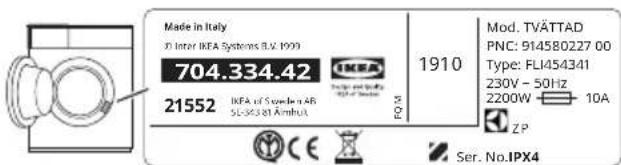 Made in Italy D: Inter IKEA Systems B.V. 1999 704.334.42 21552 IIFA of Sweden AR SU-36341 Ambut Mod. TVÄTTAD PNC: 914580227 00 Type: FLI454341 230V - 50Hz 2200W 10A ZP Ser. No.IPX4