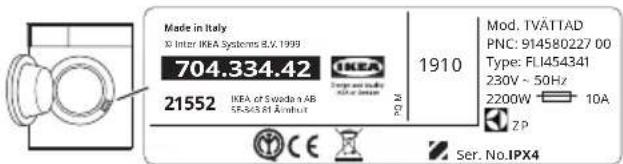 Made in Italy © Inter IKEA Systems B.V. 1999 704.334.42 21552 IKEA of Svoda x AB 55-361 81 Anduit Mod. TVÄTTAD PNC: 914580227 00 Type: FLI454341 230V ~ 50Hz 2200W 10A ZP Ser. No.IPX4