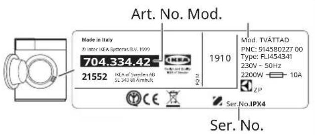 Art. No. Mod. Made in Italy D1 Inter IKEA Systems B.V. 1990 704.334.42 21552 IKCA of Sweden AB SL-343 81 Amultuk 1910 Mod. TVATTAD PNC: 914580227 00 Type: FLI454341 230V ~ 50Hz 2200W 10A ZP Ser.No.IPX4 Ser. No.