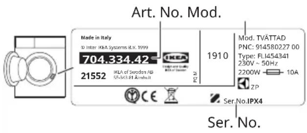 Art. No. Mod. Made in Italy ID Inter IKA Systems B.V. 1999 704.334.42 21552 IKEA of Sweden AB 5F-843 81 Årdult POM 1910 Mod. TVÄTTAD PNC: 914580227 00 Type: FLI454341 230V ~ 50Hz 2200W 10A ZP Ser.No.IPX4 Ser. No.