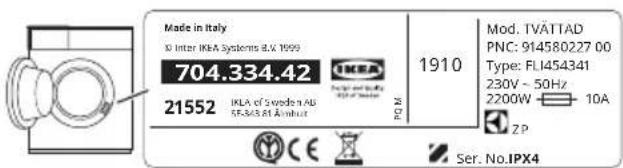 Made in Italy X Inter IKA Systems 8.V. 1999 704.334.42 21552 IKA of Sweden AD 5F-365.81 A-inlust Mod. TVATTAD PNC: 914580227 00 Type: FL1454341 230V ~ 50Hz 2200W 10A ZP Ser. No.IPX4