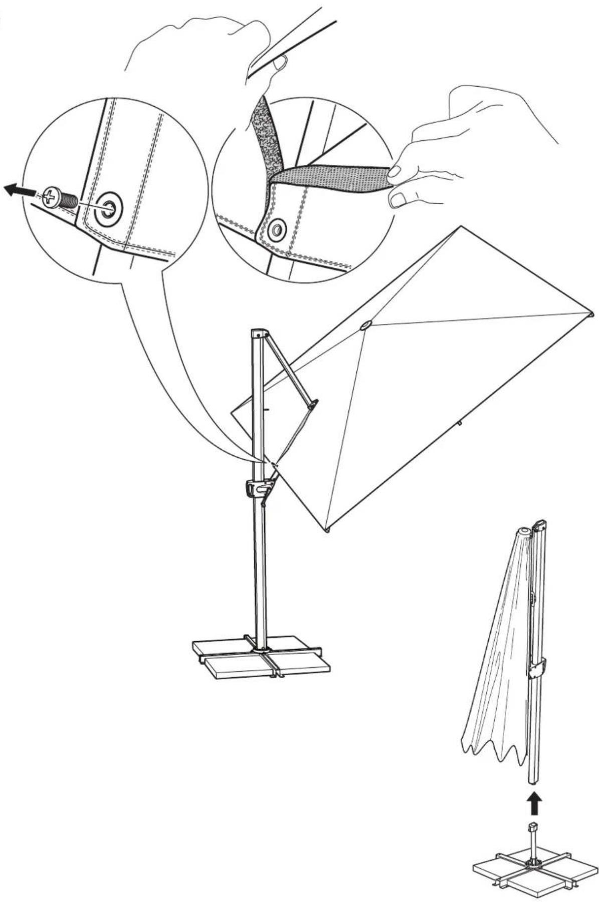 Technical diagram illustrating the installation and assembly of a lampshade, showing steps from pinning to mounting base.