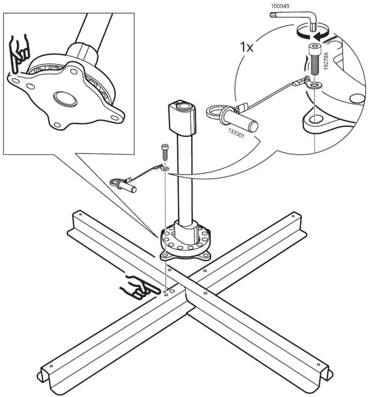 Technical diagram of a mechanical assembly with labeled parts and a magnified inset showing component details.