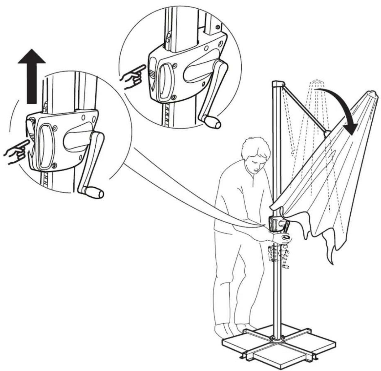 Technical diagram illustrating the step-by-step installation of a mechanical device, showing hand positioning and assembly steps.