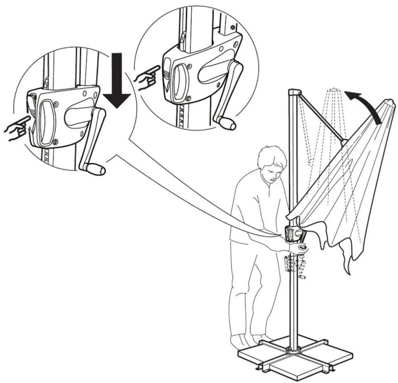 Technical diagram illustrating the step-by-step installation of a mechanical device, showing hand positioning and motion direction with magnified views.