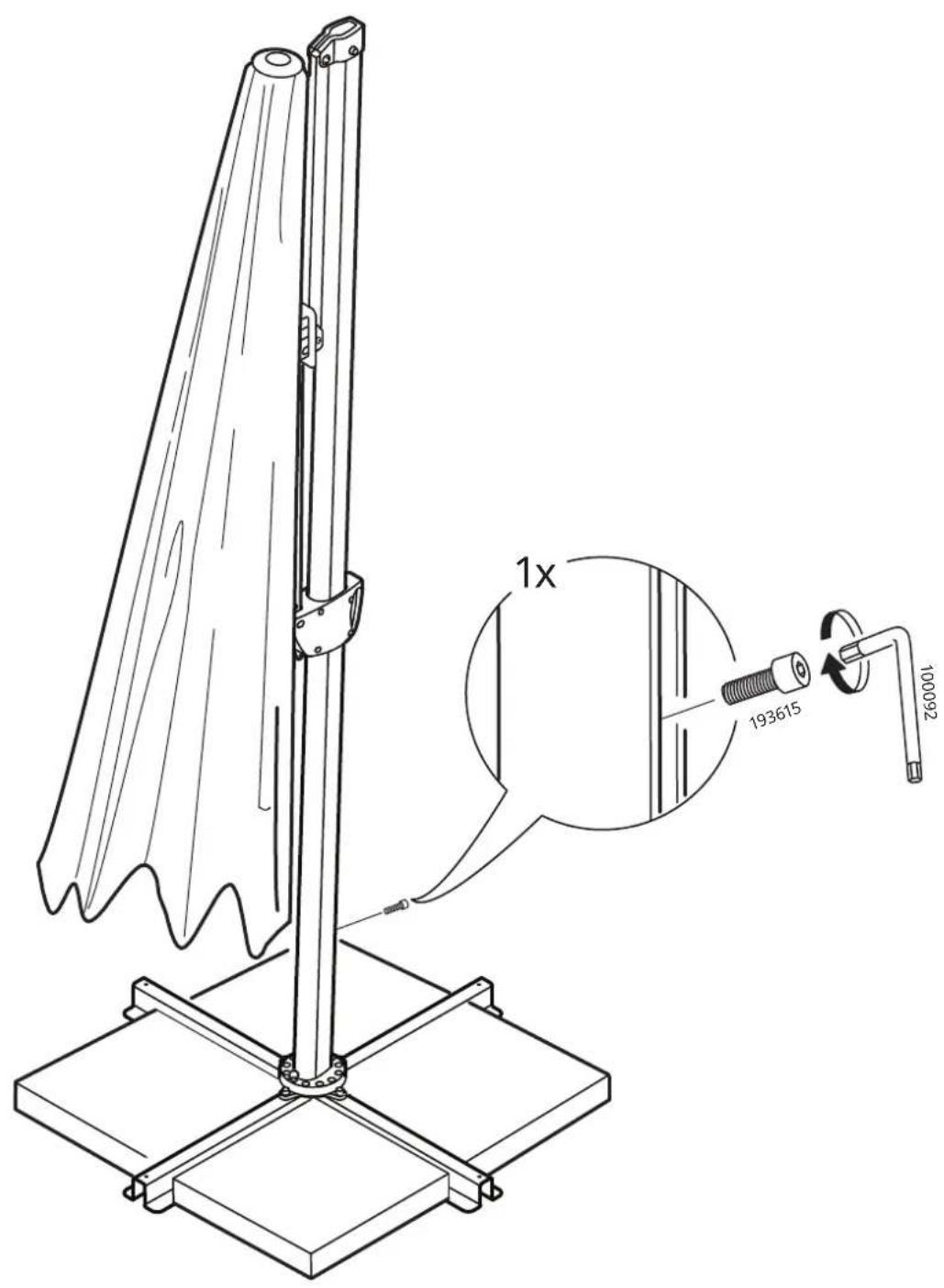 Technical diagram of a vertical support structure with labeled components and dimensions, including a magnified inset showing a 1x ratio measurement.