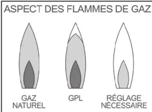 ASPECT DES FLAMMES DE GAZ GAZ NATUREL GPL RÉGLAGE NÉCESSAIRE
