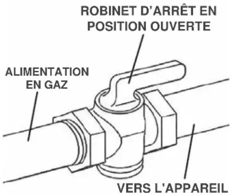 ROBINET D'ARRÊT EN POSITION OUVERTE ALIMENTATION EN GAZ VERS L'APPAREIL