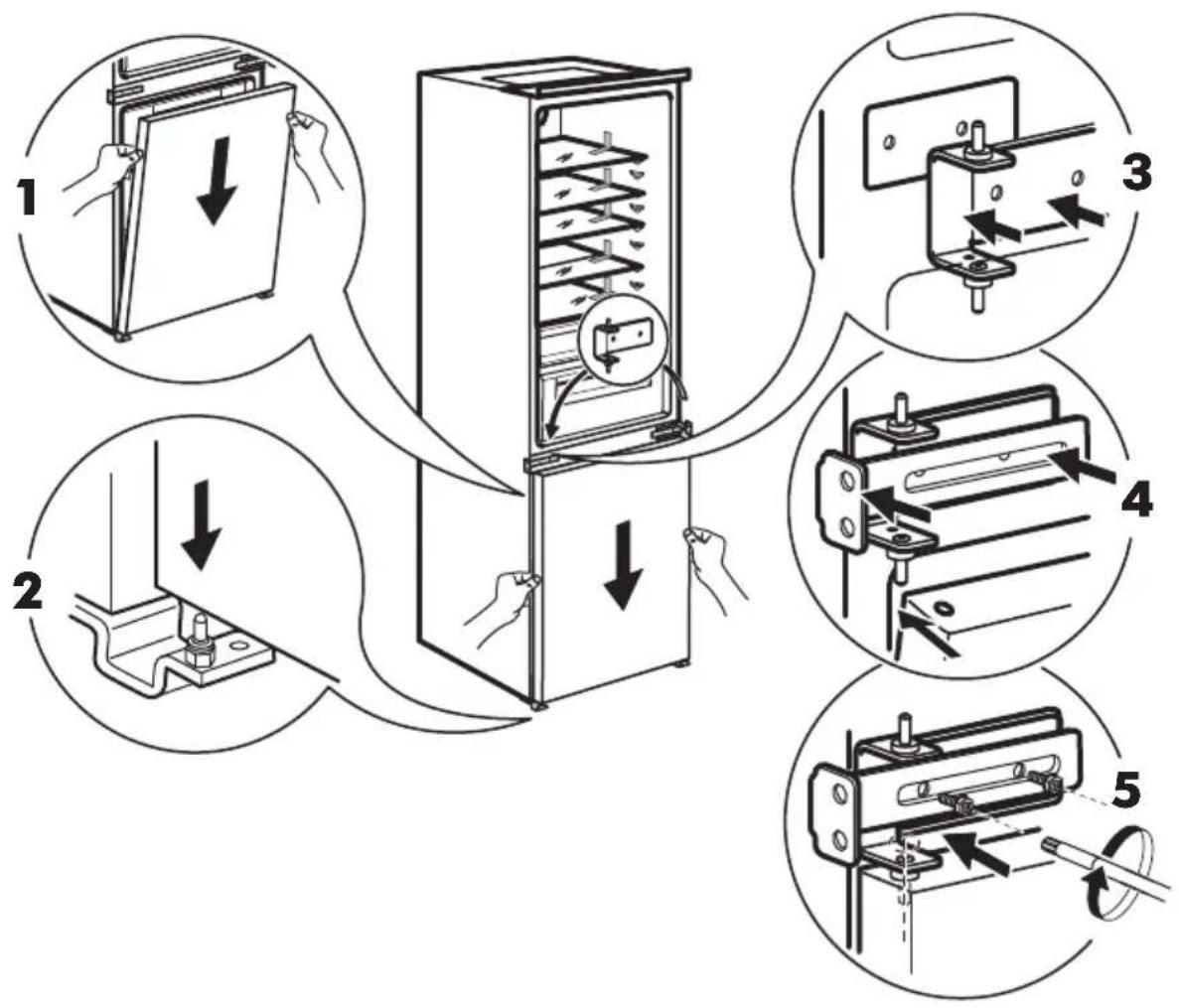 Diagram illustrating five steps of appliance cooling system installation, showing hand positioning and mechanical assembly.