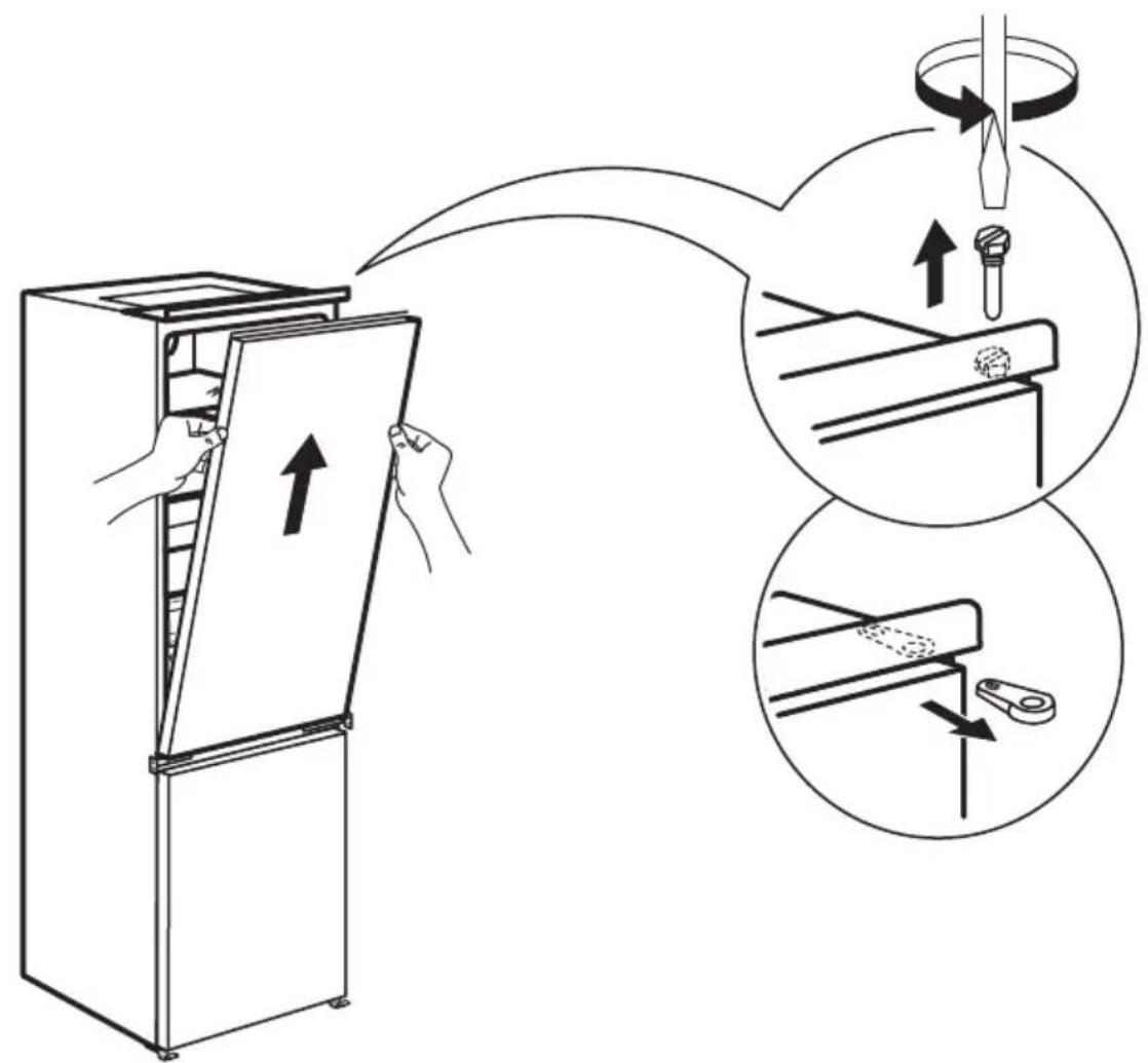 Diagram illustrating the step-by-step installation of a refrigerator with labeled parts and directional arrows indicating motion.