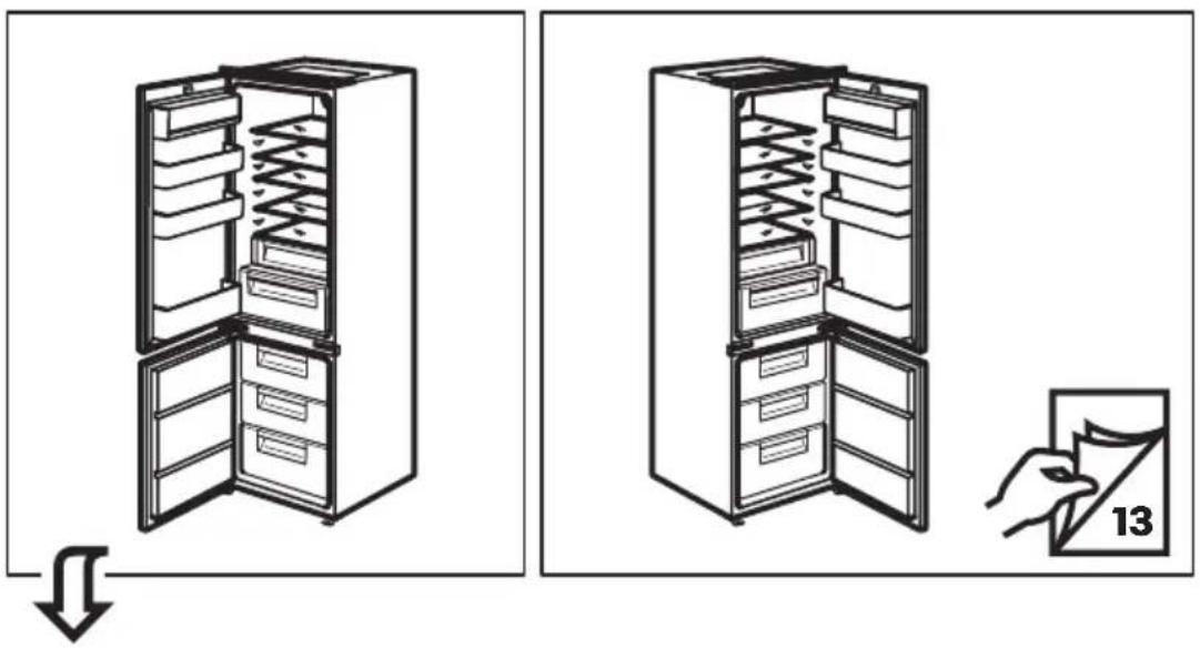 Diagram showing two steps of a refrigerator interior with spring, labeled with a page number 13 and a hand holding a document.