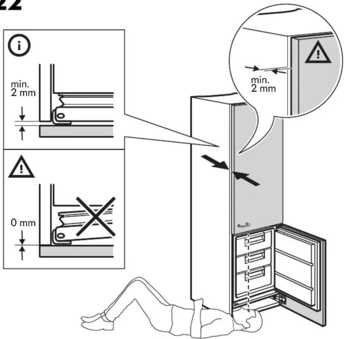 Diagram illustrating the step-by-step installation of a refrigerator with labeled parts and hand tool application.