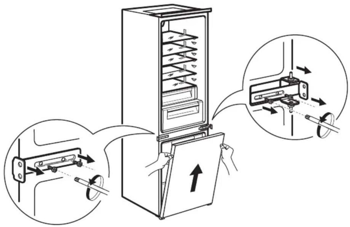 Diagram illustrating the step-by-step installation of a refrigerator with labeled parts and directional arrows indicating motion.