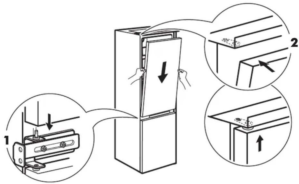 Diagram illustrating the step-by-step installation of a refrigerator door, showing hand positioning and mounting details.