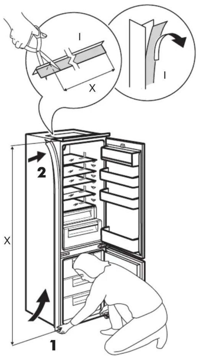 Diagram illustrating refrigerator door door repair instructions with labeled components and directional arrows