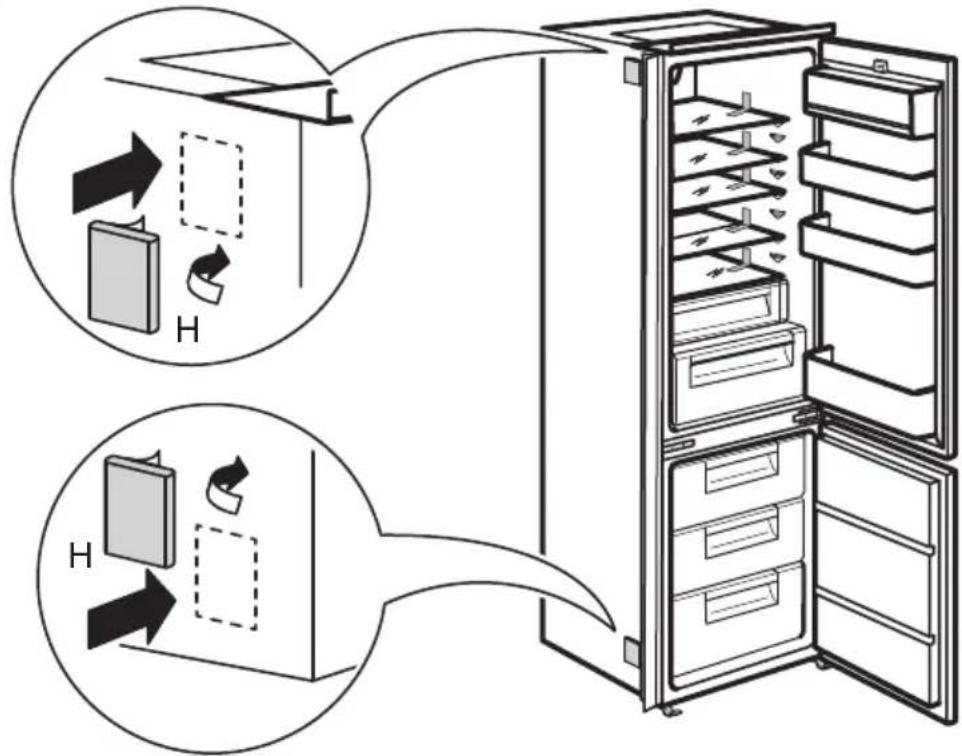 Diagram illustrating the internal structure and airflow of a refrigerator, showing open doors, internal compartments, and directional arrows indicating flow.