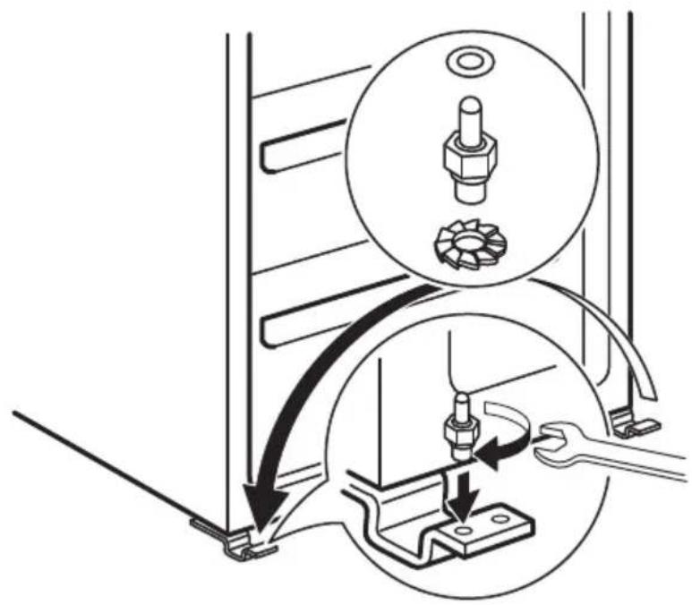 Technical diagram illustrating mechanical assembly steps with labeled components and directional arrows