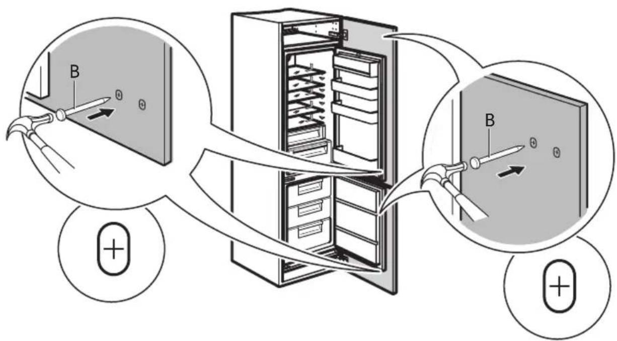 Diagram illustrating the internal structure and electrical connection of a refrigerator, showing battery, switch, and door components with polarity indicators.