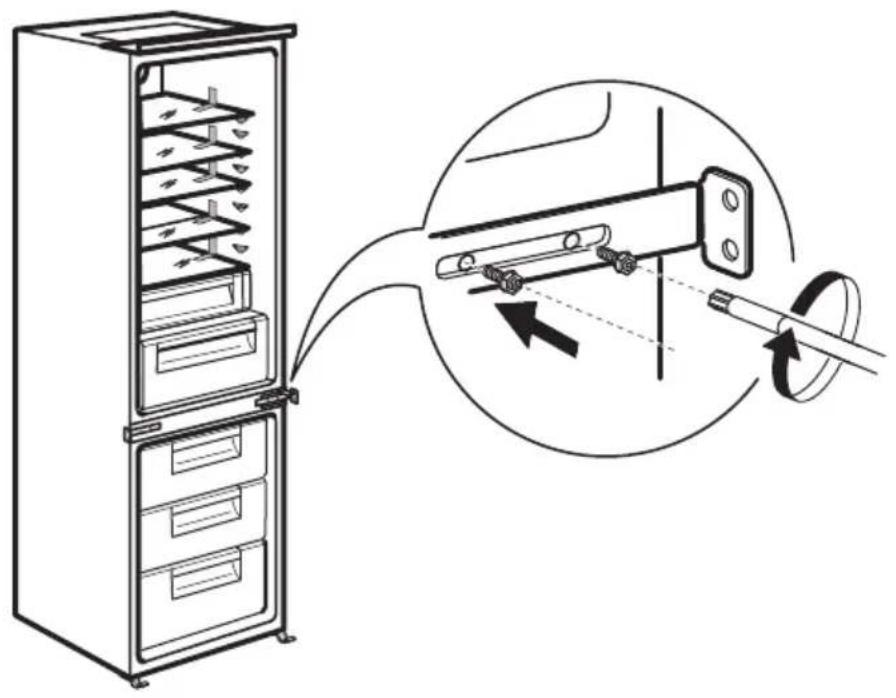 Diagram illustrating the internal structure and assembly of a refrigerator with a magnified view showing mechanical components.