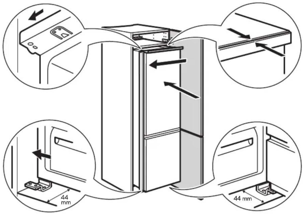 Diagram illustrating refrigerator door frame installation with labeled dimensions and component layouts