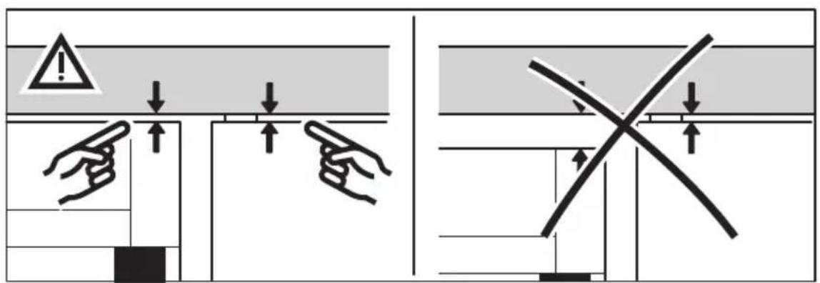 Safety warning diagram showing hand gestures and cross symbol indicating incorrect safety conditions